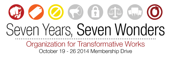 Banner with seven circles and a 'No' sign in the third one, reading 'Seven Years, Seven Wonders, Organization for Transformative Works, October 19-26 2014 Membership Drive'