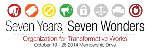 Banner with seven circles and a megaphone in the fourth one, reading 'Seven Years, Seven Wonders, Organization for Transformative Works, October 19-26 2014 Membership Drive'