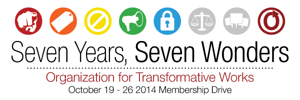 Banner with seven circles and a lock in the fifth one, reading 'Seven Years, Seven Wonders, Organization for Transformative Works, October 19-26 2014 Membership Drive'