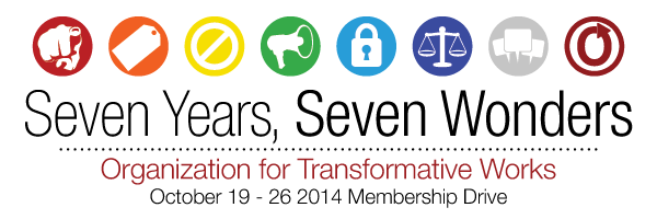 Banner with seven circles and a scale in the sixth one, reading 'Seven Years, Seven Wonders, Organization for Transformative Works, October 19-26 2014 Membership Drive'