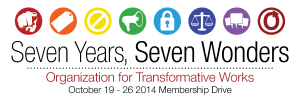 Banner with seven circles and a set of speech bubbles in the seventh one, reading 'Seven Years, Seven Wonders, Organization for Transformative Works, October 19-26 2014 Membership Drive'